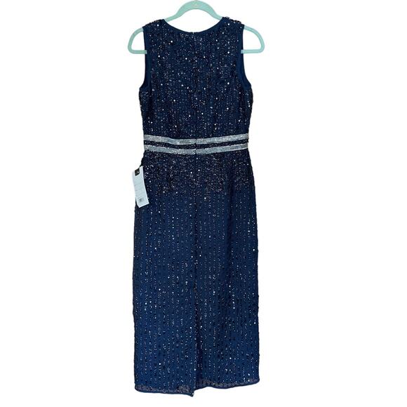 Mac Duggal NWT Size 8 10509 Blue Sleeveless High Neck Beaded Midi Sheath Dress - Picture 6 of 8